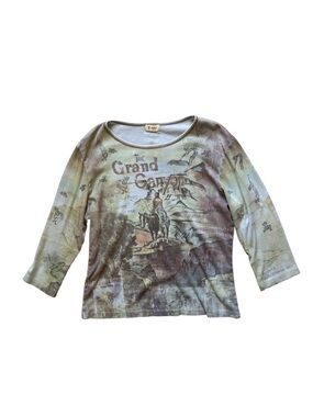 Vintage Y2K Western Grand Canyon Printed 3/4 Sleeve Top Boho Southwestern XL
